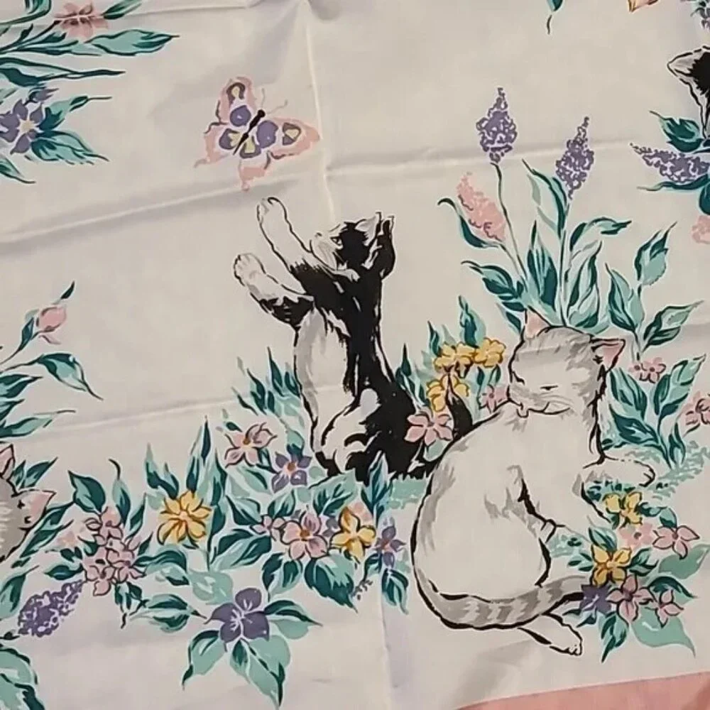 Vintage AVON Floral Cat Print Scarf Pink Border Kittens Playful Animal Pet - Picture 5 of 6